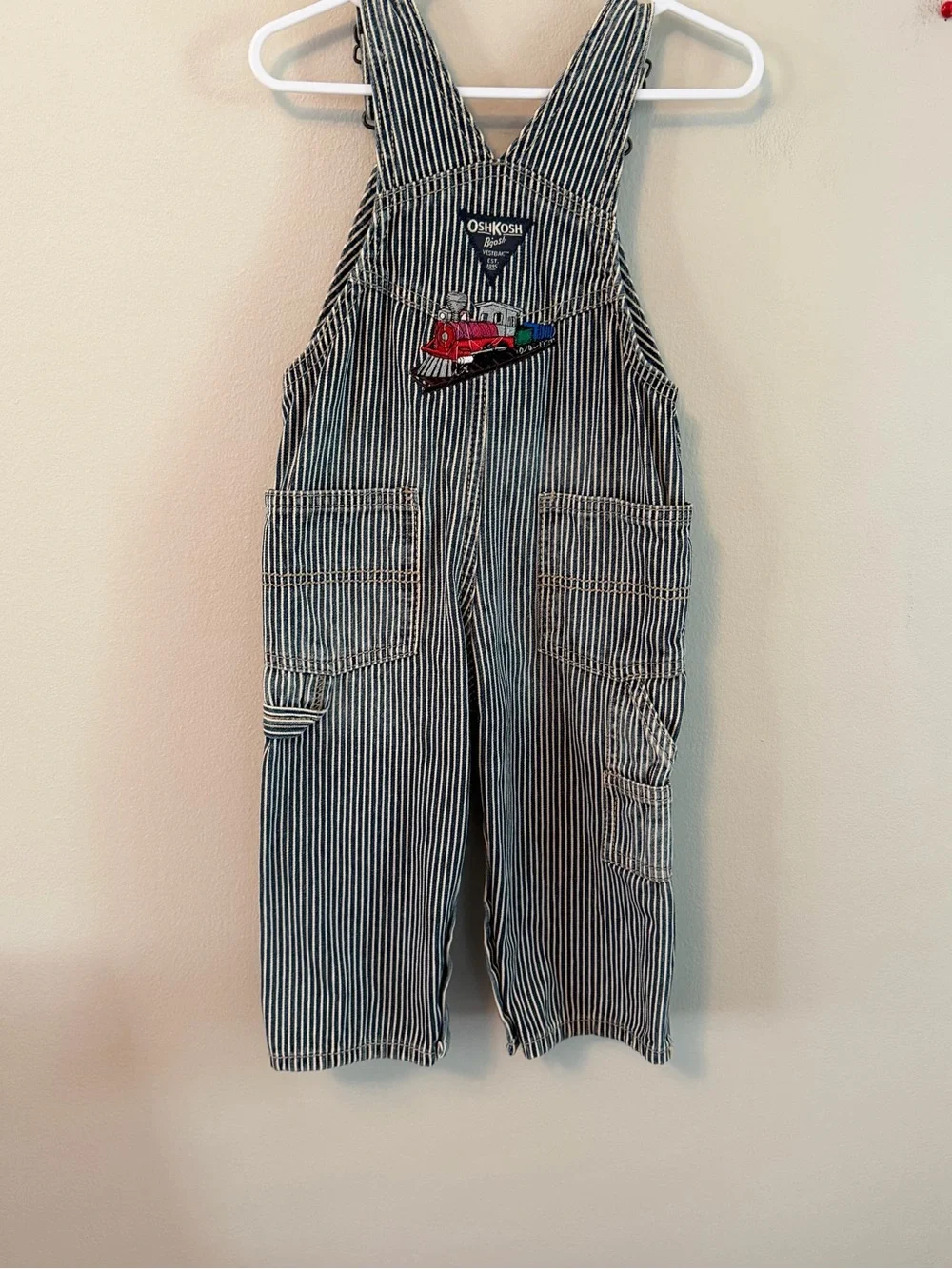 OshKosh B'gosh Blue and White Stripe Train Patch Overalls